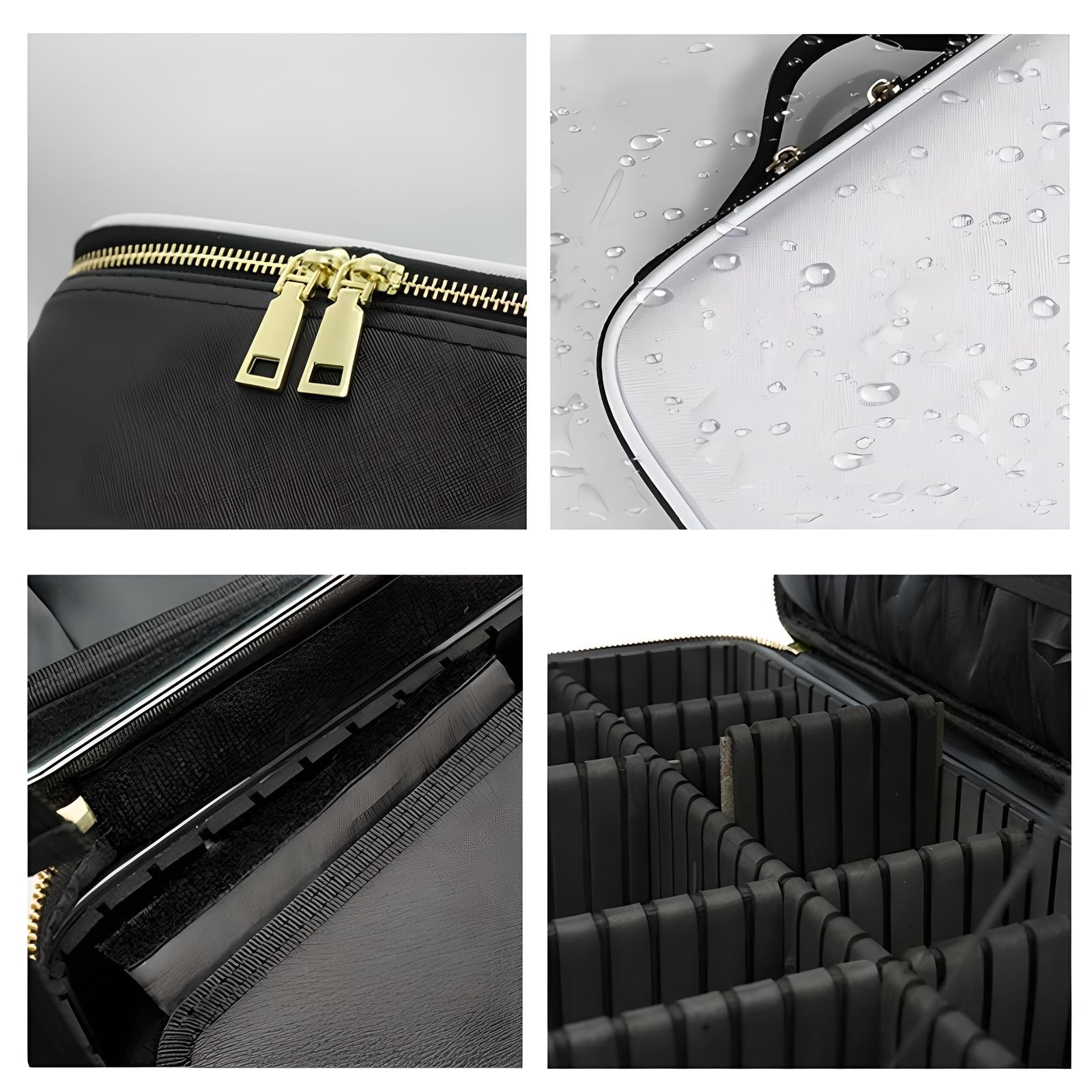 Borsa organizer impermeabile nera con cerniera dorata, divisori interni regolabili, ideale per cosmetici e accessori, resistente all'acqua.