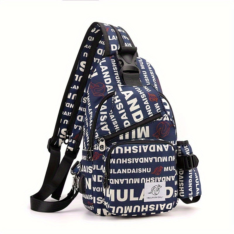 Zaino a tracolla blu con stampa bianca "MULANDAISHU", tasche multiple, cerniere nere, ideale per scuola e viaggio. Design moderno e funzionale.
