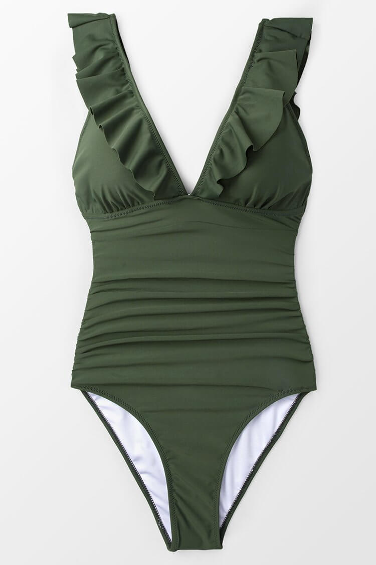 Costume intero verde oliva con volant, scollo a V profondo, design elegante e moderno. Perfetto per moda mare e piscina.