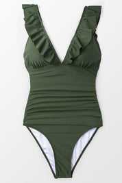 Costume intero verde oliva con volant, scollo a V profondo, design elegante e moderno. Perfetto per moda mare e piscina.