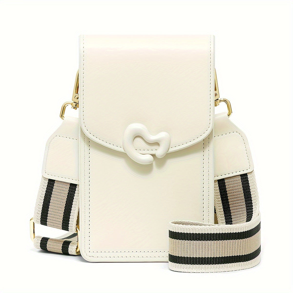 Borsa a tracolla bianca in pelle con chiusura decorativa, tracolla regolabile a righe nere e beige, design elegante e moderno.