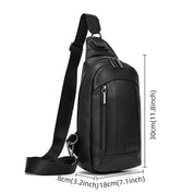 Zaino monospalla in pelle nera, dimensioni 30x18x8 cm, con cerniere multiple e tracolla regolabile. Ideale per uomo, moda casual e viaggi.