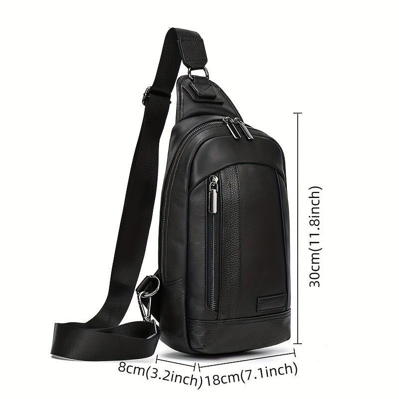 Zaino monospalla in pelle nera, dimensioni 30x18x8 cm, con cerniere multiple e tracolla regolabile. Ideale per uomo, moda casual e viaggi.