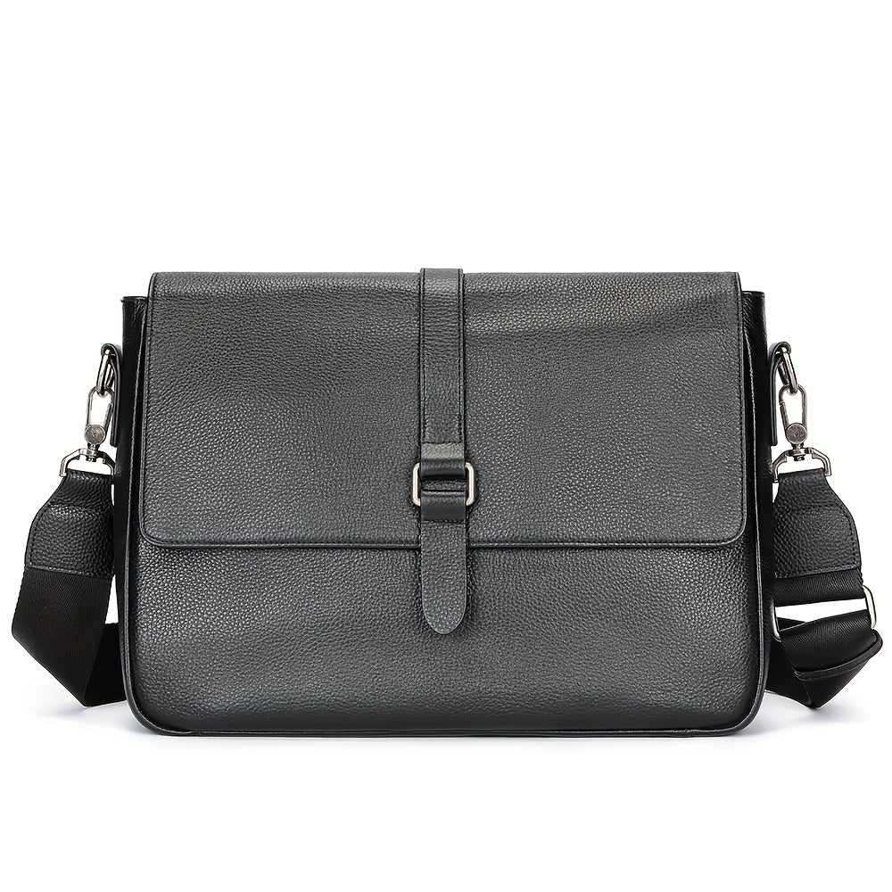 Borsa a tracolla in pelle nera, design elegante e moderno, con fibbia centrale e tracolla regolabile. Accessorio moda uomo/donna.