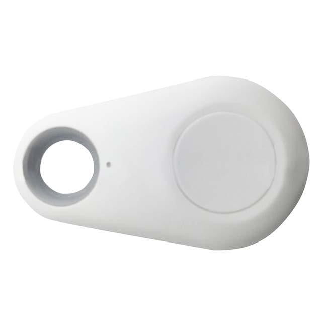 Dispositivo di localizzazione Bluetooth bianco, compatto e portatile, con foro per portachiavi. Ideale per trovare oggetti smarriti.