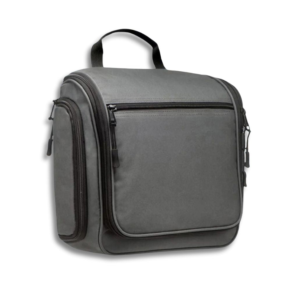 Borsa da toilette grigia con manico, tasche multiple e chiusura a zip. Ideale per viaggi, organizzazione accessori bagno, resistente e compatta.