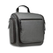 Borsa da toilette grigia con manico, tasche multiple e chiusura a zip. Ideale per viaggi, organizzazione accessori bagno, resistente e compatta.