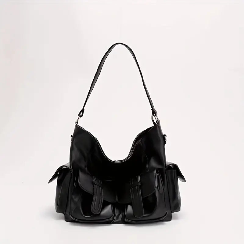 Borsa a spalla in pelle nera con tasche multiple, design elegante e moderno, perfetta per moda donna, accessorio versatile e di tendenza.