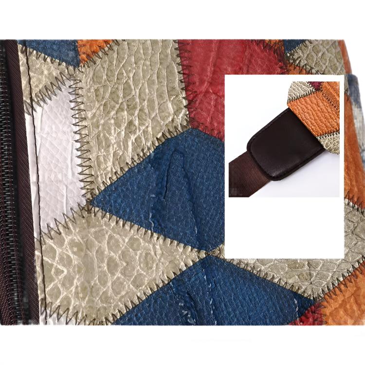 Borsa a tracolla in pelle patchwork multicolore, motivo geometrico, dettagli cuciture visibili, chiusura con zip, stile unico e artigianale.