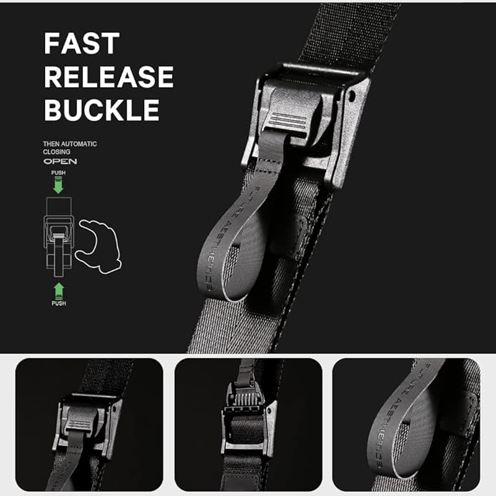Cintura nera con fibbia a sgancio rapido, design robusto, chiusura automatica, ideale per attività outdoor e sport, alta qualità e resistenza.