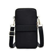 Borsa a tracolla nera unisex, design compatto, con cinturino regolabile e chiusura a zip. Ideale per smartphone e accessori.