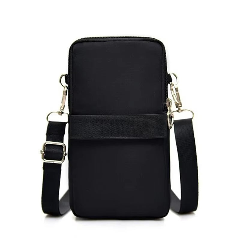 Borsa a tracolla nera unisex, design compatto, con cinturino regolabile e chiusura a zip. Ideale per smartphone e accessori.