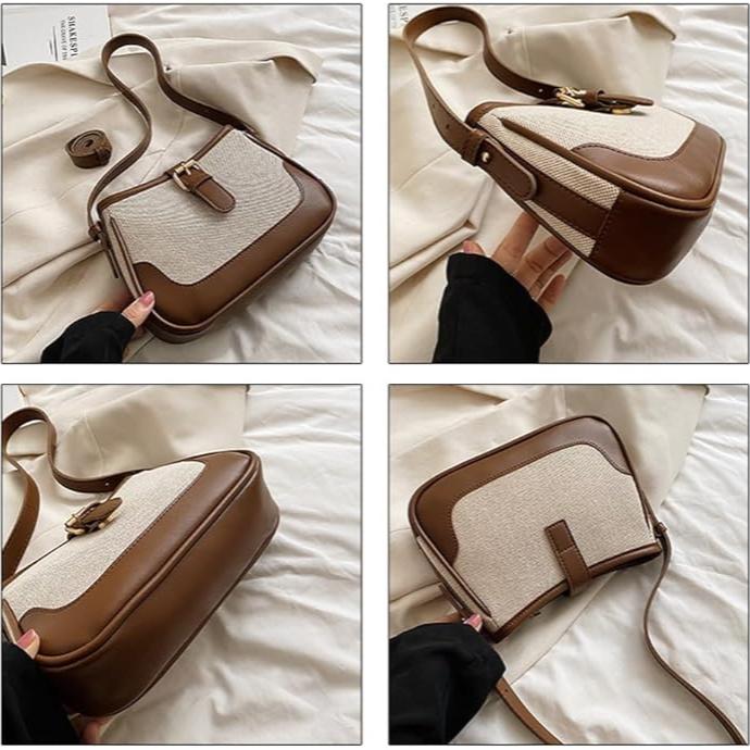Borsa a tracolla in pelle marrone e tessuto beige, design elegante, chiusura a fibbia, ideale per moda donna, accessorio versatile e chic.
