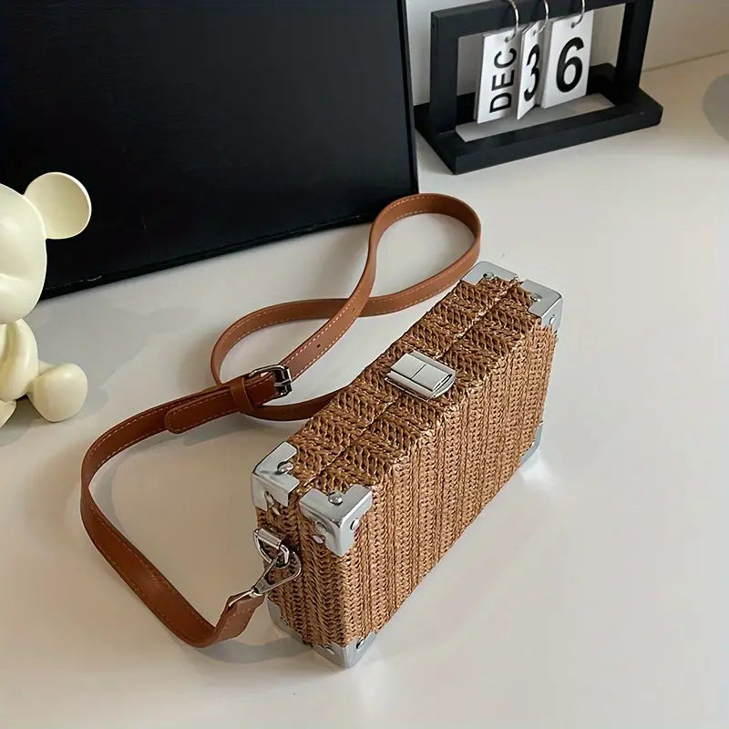 Borsa a tracolla in rattan intrecciato con angoli in metallo argentato, cinturino in pelle marrone, su scrivania bianca. Accessorio moda elegante.