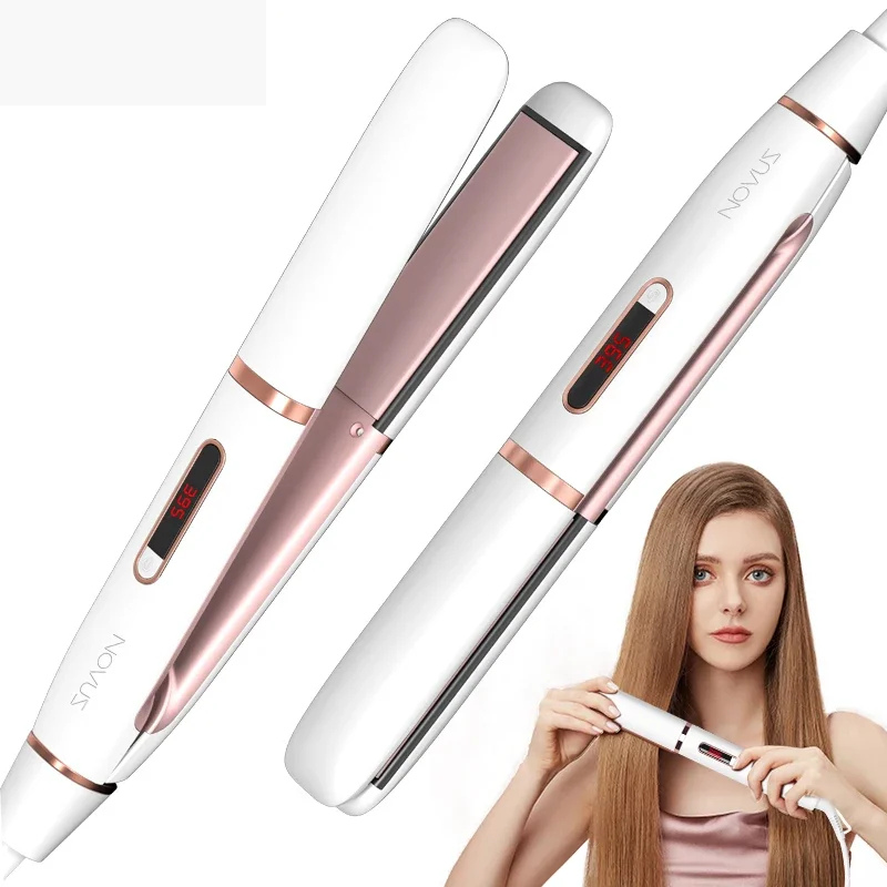 Piastra per capelli bianca e rosa Novus con display digitale, design elegante, ideale per lisciare capelli lunghi. Accessorio styling professionale.