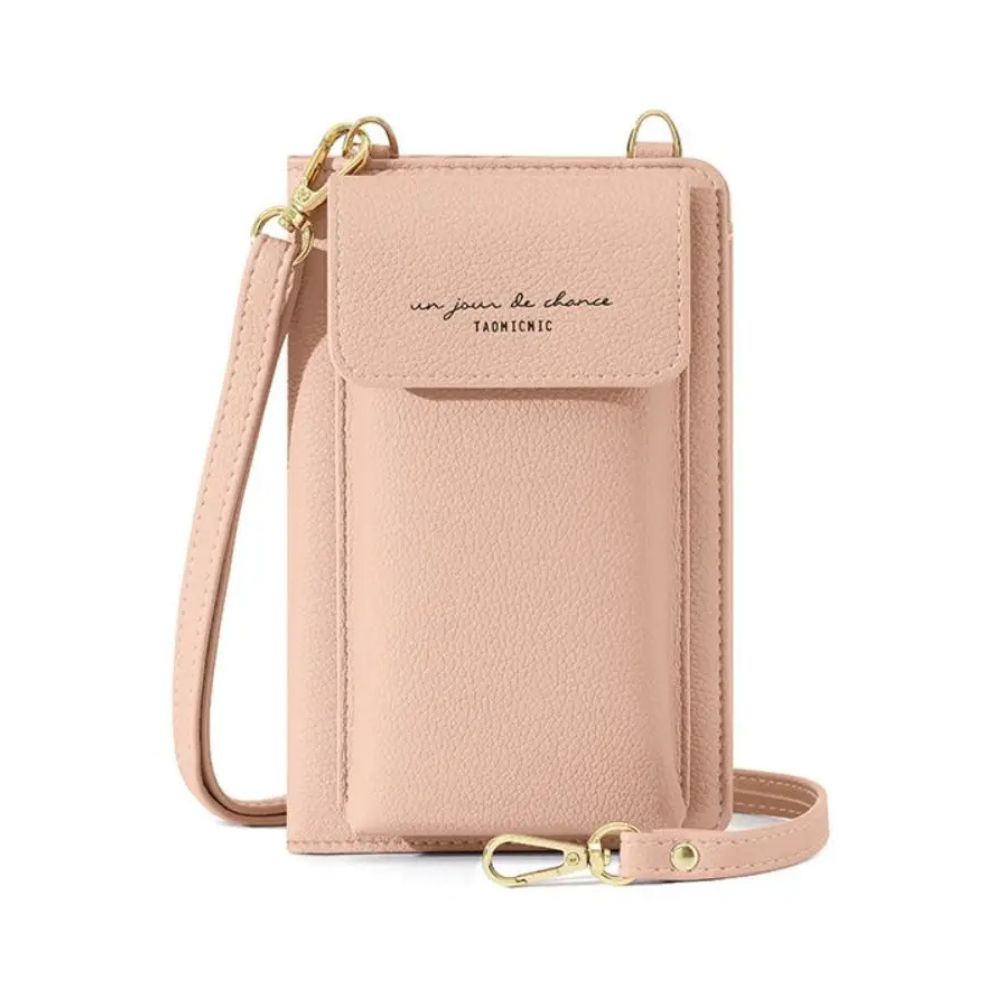 Custodia per cellulare in pelle rosa con tracolla regolabile e chiusura a patta. Design elegante, ideale per smartphone, accessori moda donna.