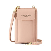 Custodia per cellulare in pelle rosa con tracolla regolabile e chiusura a patta. Design elegante, ideale per smartphone, accessori moda donna.
