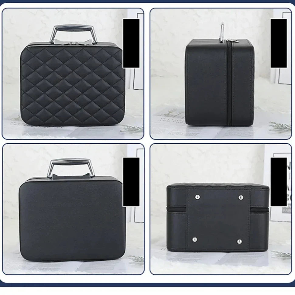 Elegante borsa cosmetica nera trapuntata con manico in metallo, vista frontale, laterale e posteriore. Design compatto, ideale per viaggi e organizzazione.