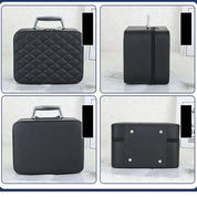 Elegante borsa cosmetica nera trapuntata con manico in metallo, vista frontale, laterale e posteriore. Design compatto, ideale per viaggi e organizzazione.