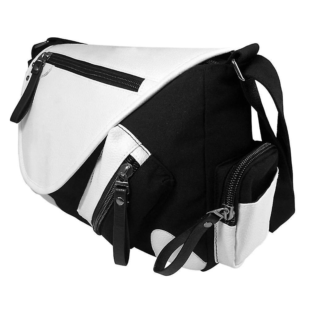 Borsa a tracolla bianca e nera con tasche multiple e cerniere, design moderno, ideale per uso quotidiano e viaggi. Accessorio moda unisex.