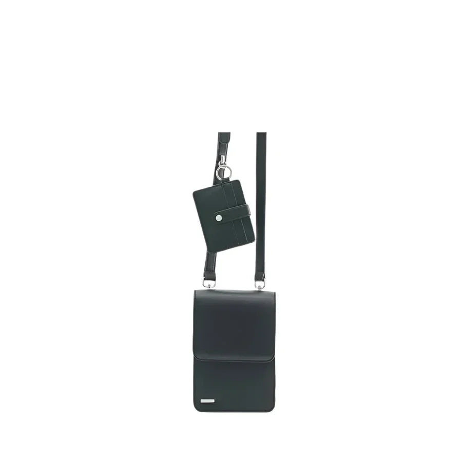 Borsa a tracolla nera con portafoglio abbinato, design elegante e minimalista, ideale per uomo e donna, accessorio moda versatile e pratico.