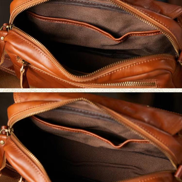 Borsa in pelle marrone con cerniera aperta, tasche interne foderate in tessuto marrone. Elegante e spaziosa, ideale per lavoro e viaggio.