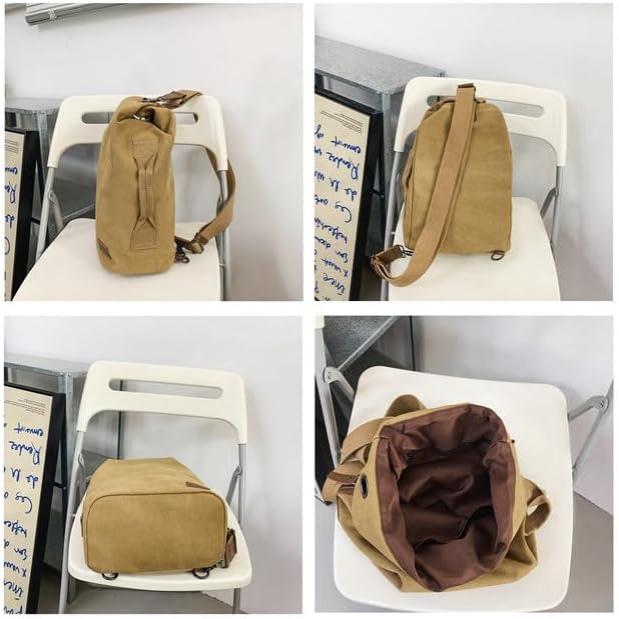 Zaino in tela marrone su sedia bianca, vista da diverse angolazioni. Design vintage, tracolla regolabile, ideale per viaggi e uso quotidiano.