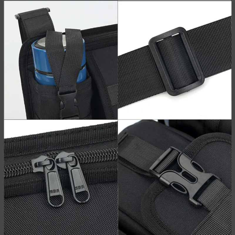 Zaino nero con tasca portabottiglia, cerniere doppie SBS, fibbia regolabile e chiusura a scatto. Accessori resistenti e pratici per escursioni.