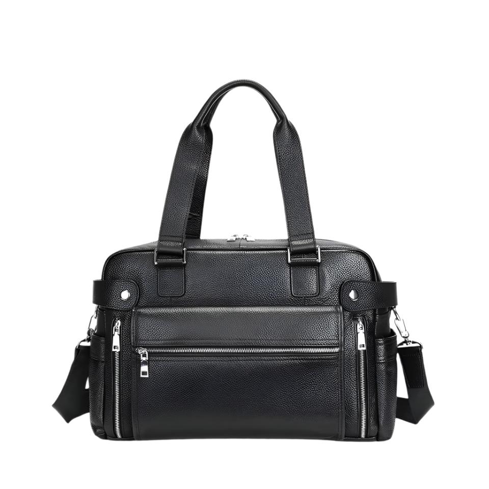 Borsa da viaggio in pelle nera con manici e tracolla regolabile, tasche con zip, design elegante e funzionale, ideale per uomo e donna.