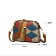 Borsa a tracolla donna in pelle multicolore con motivo geometrico, dimensioni 18x14.5x7.5 cm, elegante e versatile per ogni occasione.