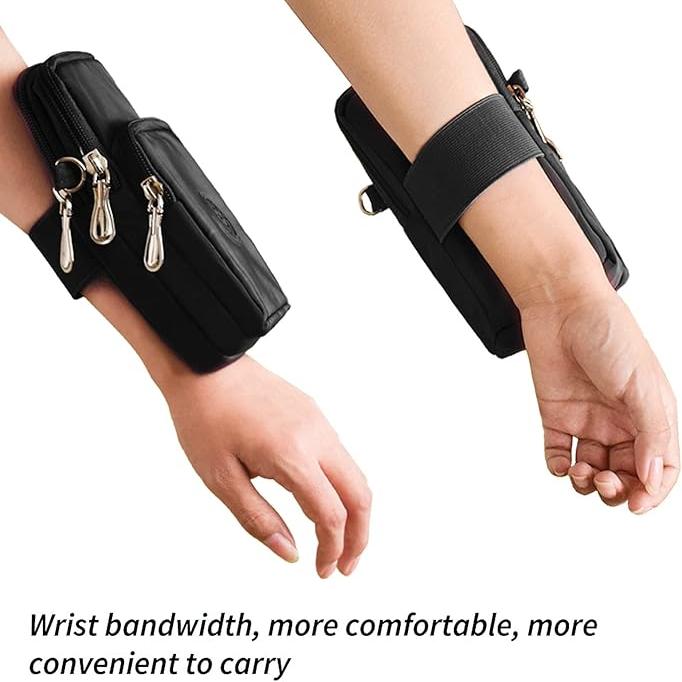 Bracciale portaoggetti nero con cerniere multiple, design ergonomico, ideale per sport e attività all'aperto, comodo e pratico da indossare.