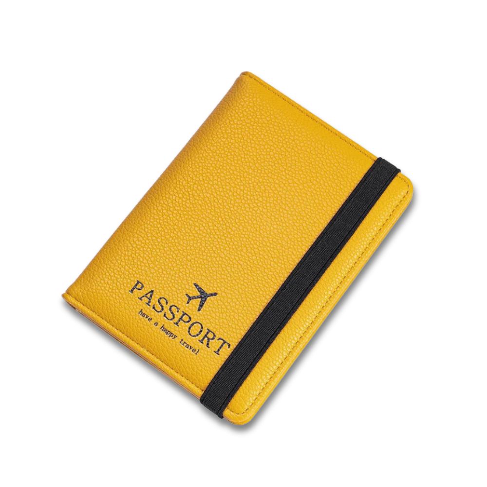 Custodia passaporto gialla in pelle con elastico nero, design elegante, ideale per viaggi, accessorio da viaggio essenziale.