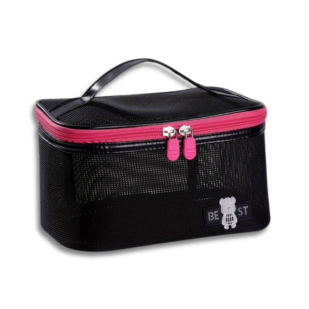 Astuccio cosmetico nero con cerniera rosa, manico superiore, design a rete, ideale per trucco e accessori da viaggio.