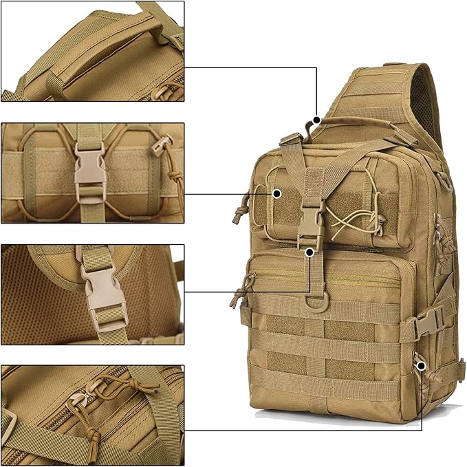 Zaino tattico militare beige con cinghie regolabili, tasche multiple e sistema MOLLE. Ideale per escursioni, campeggio e attività outdoor.
