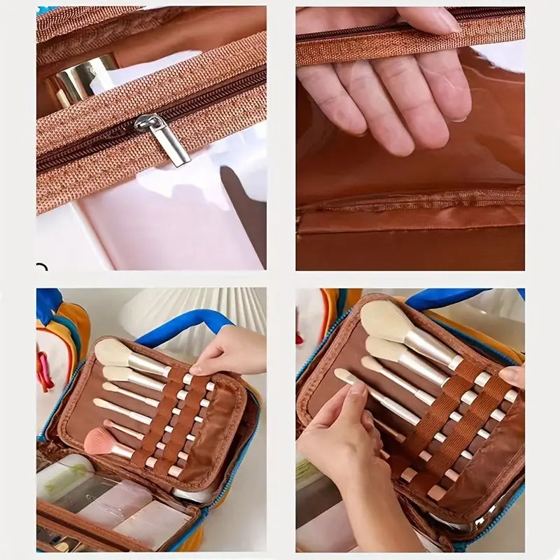 Set di pennelli da trucco in custodia marrone con cerniera, tasche interne e scomparti organizzati. Accessorio cosmetico portatile e pratico.
