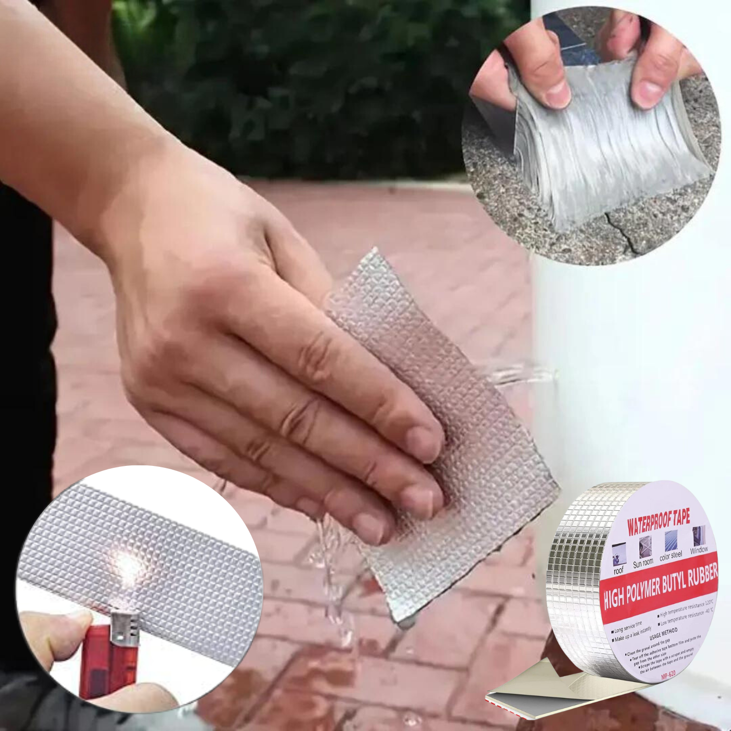 Nastro adesivo impermeabile in gomma butilica, resistente all'acqua, utilizzato per riparazioni esterne. Immagine mostra applicazione e resistenza al fuoco.