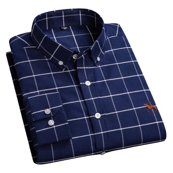 Camicia uomo a quadri blu scuro, maniche lunghe, colletto button-down, ricamo cavallo, stile casual elegante, 100% cotone.