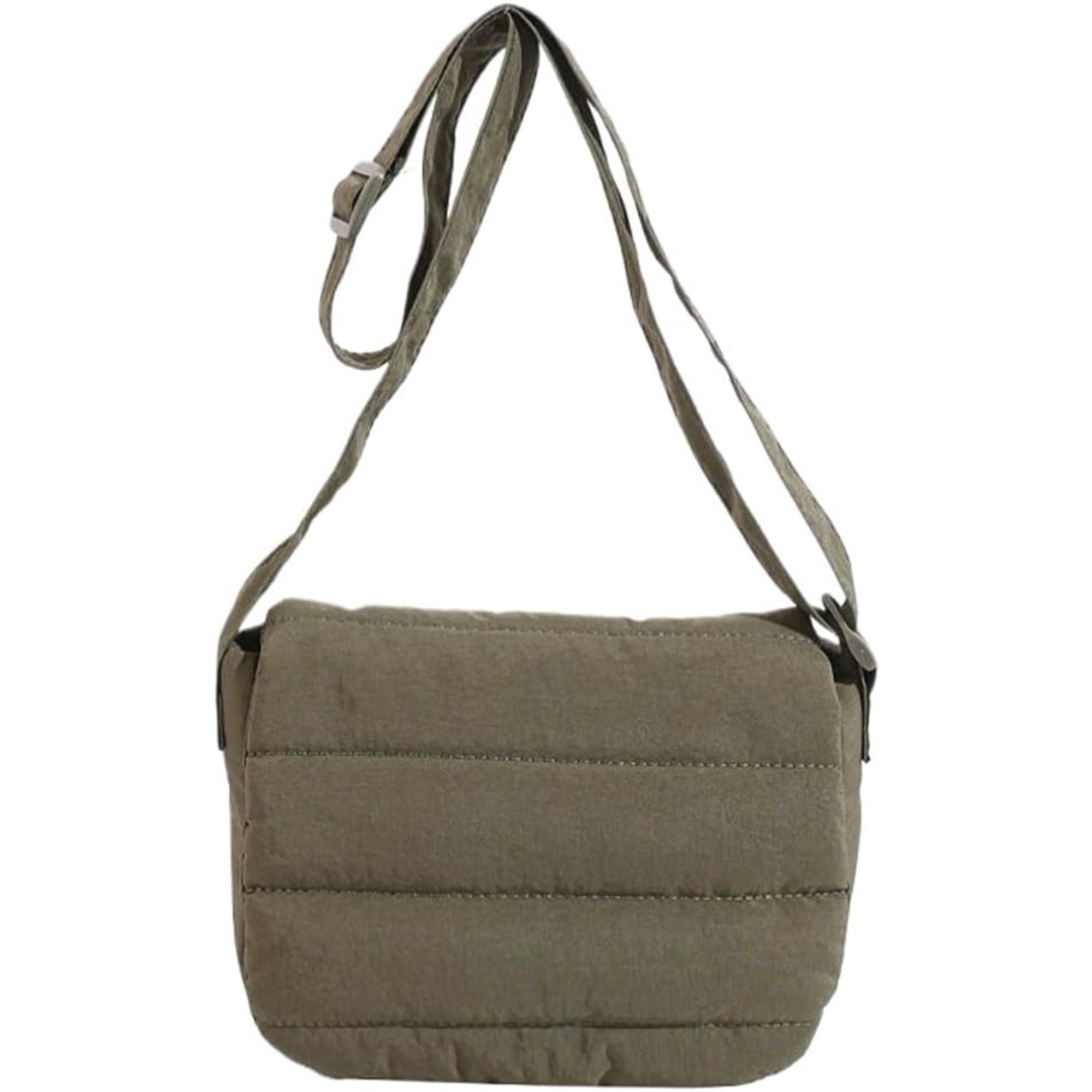 Borsa a tracolla verde oliva imbottita, design minimalista, chiusura con zip, ideale per moda casual e viaggi. Accessorio unisex versatile.