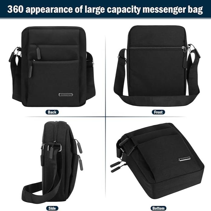 Borsa a tracolla nera grande capacità, vista a 360 gradi, tasche multiple, design moderno, resistente, ideale per lavoro e viaggio.