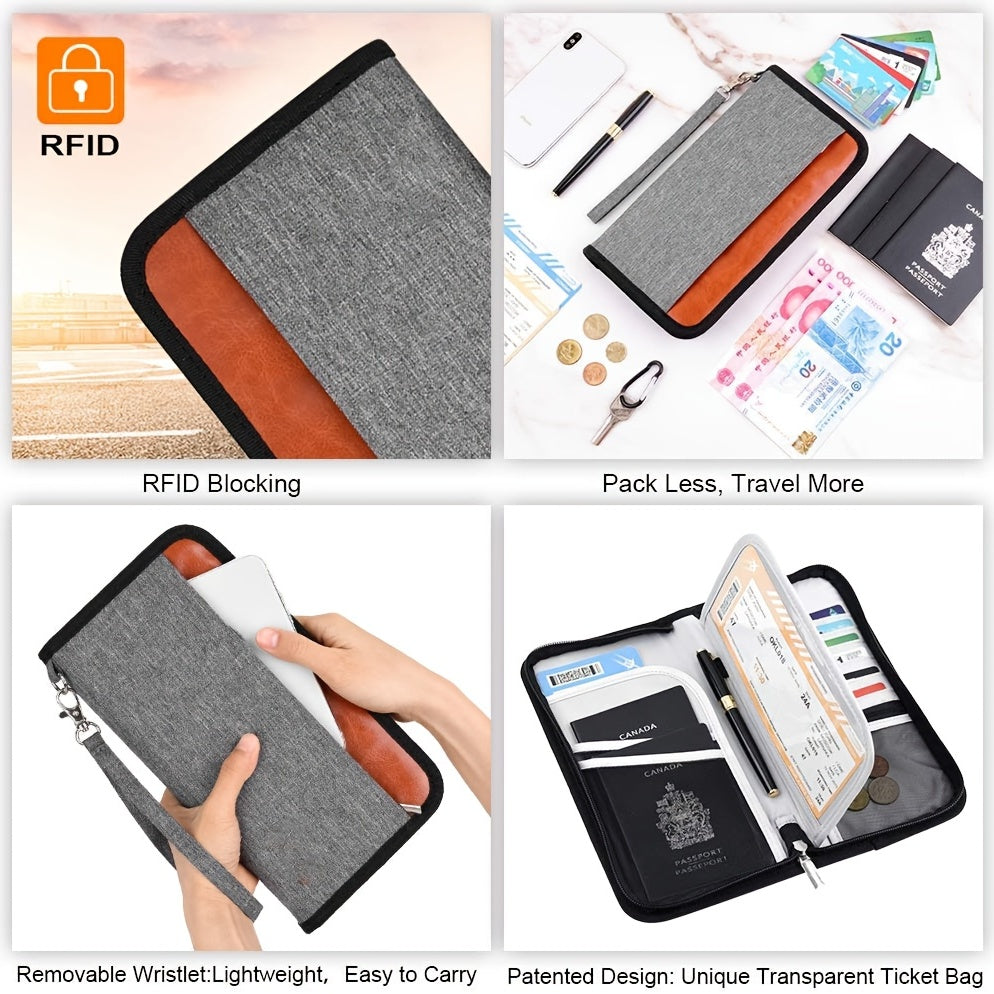 Portafoglio da viaggio RFID in tessuto grigio con cinturino removibile, tasche per carte, passaporto e documenti. Design compatto e leggero.