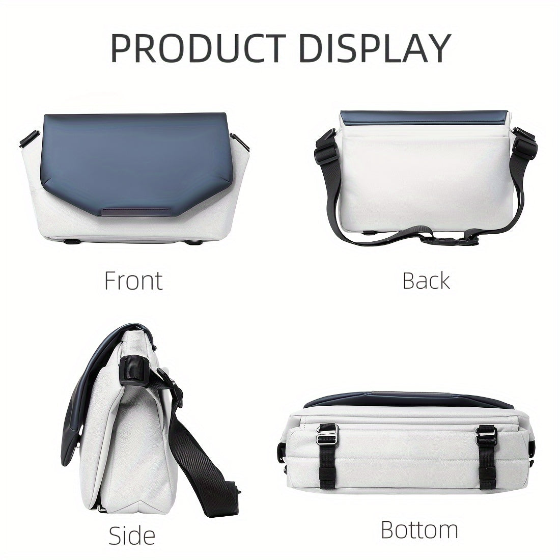 Borsa a tracolla unisex bianca e blu, vista frontale, posteriore, laterale e inferiore. Design moderno, tracolla regolabile, ideale per uso quotidiano.