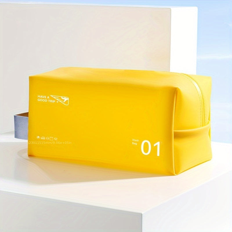 Borsa da viaggio gialla impermeabile, design moderno, con cerniera e manico laterale. Ideale per organizzare accessori da bagno e cosmetici.