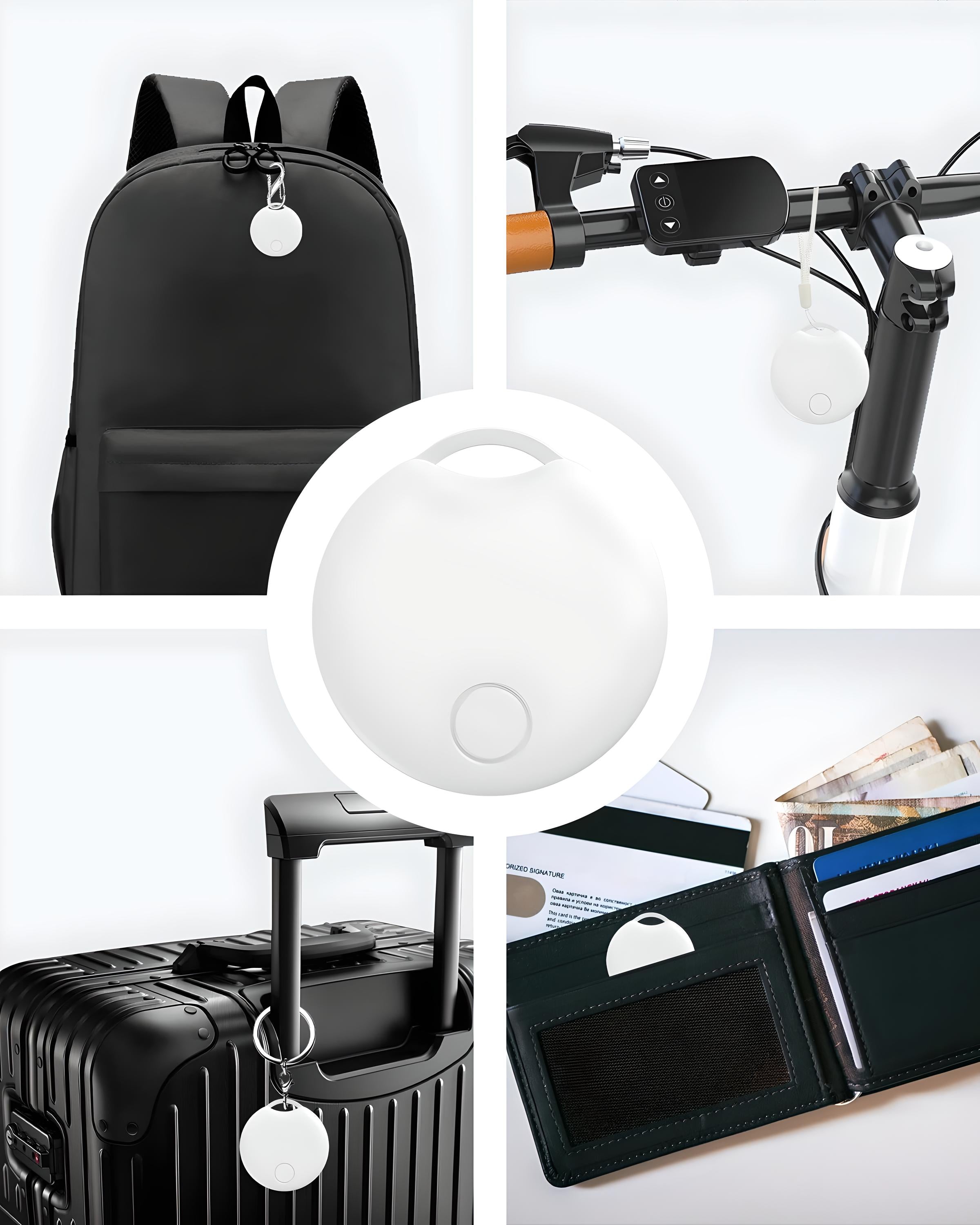 Dispositivo di localizzazione bianco su zaino, bicicletta, valigia e portafoglio. Tracker Bluetooth per oggetti personali, sicurezza e antifurto.