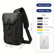 Zaino nero OZUKO impermeabile, 0,6 kg, con tasca per tablet 9,7 pollici. Disponibile in nero, grigio, blu, camouflage, arancione, azzurro.