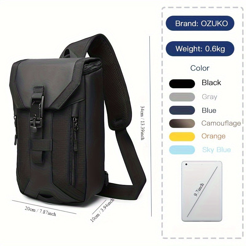 Zaino nero OZUKO impermeabile, 0,6 kg, con tasca per tablet 9,7 pollici. Disponibile in nero, grigio, blu, camouflage, arancione, azzurro.