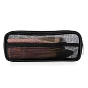 Astuccio trasparente nero per pennelli trucco, con zip, ideale per organizzare e trasportare accessori cosmetici. Perfetto per viaggi e uso quotidiano.