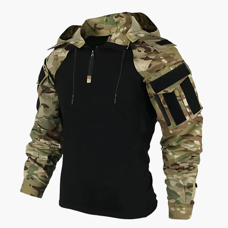 Giacca tattica mimetica con cappuccio, maniche lunghe, tasche multiple, design militare, ideale per outdoor e attività sportive.