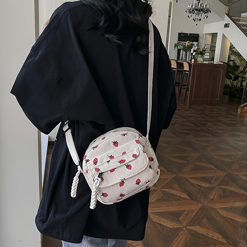 Donna con zaino bianco a righe con motivi di fragole, indossa camicia nera. Interno moderno con pavimento in legno. Accessorio moda casual.