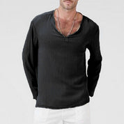 T-shirt a maniche lunghe maschili-miscela di lino di cotone-vestito di abbigliamento casual a V--5