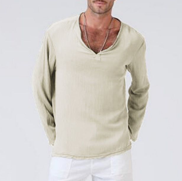  T-shirt a maniche lunghe maschili-miscela di lino di cotone-vestito di abbigliamento casual a V--2
